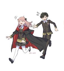 Rule 34 | +++, 1boy, 1girl, aged up, anya (spy x family), black cape, black hair, blush, cape, chasing, closed eyes, damian desmond, eden academy school uniform, gold trim, hairpods, highres, long hair, long sleeves, open mouth, pants, pantyhose, pink hair, rii tome, running, school uniform, short hair, shout lines, simple background, spy x family, twitter username, white background, yellow eyes