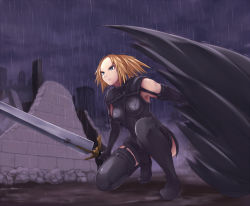 Rule 34 | 1girl, blonde hair, cape, claymore (series), claymore (sword), cloak, coupe50, miria, rain, solo, sword, thighhighs, weapon