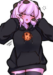 Rule 34 | black hoodie, blush, chips delayt, colored skin, commentary, cowboy shot, dated, english commentary, closed eyes, facing viewer, food print, hands up, highres, hood, hood down, hoodie, long sleeves, medium hair, monster girl, open mouth, original, pink hair, pink skin, print hoodie, signature, simple background, sleeves past wrists, slime girl, solo, temachii, thighhighs, white background