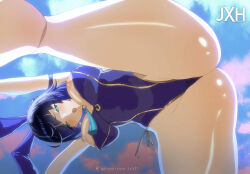 Rule 34 | 1girl, absurdres, all fours, animal ears, ass, bare shoulders, black hair, blue hair, blue leotard, blush, bob cut, breasts, breasts out, covered navel, diagonal bangs, dice, fake animal ears, genshin impact, green eyes, highleg, highleg leotard, highres, jxh 33, kneepits, large breasts, leotard, looking at viewer, multicolored hair, nipples, open mouth, playboy bunny, rabbit ears, short hair, solo, tassel, thighs, two-tone hair, yelan (genshin impact)