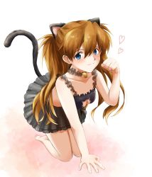 Rule 34 | 1girl, animal ears, arm support, barefoot, baumku techen, bell, black bra, black skirt, blurry, blush, bra, breasts, brown hair, cat day, cat ears, cat girl, cat lingerie, cat tail, choker, cinderella bust, cleavage, cleavage cutout, clothing cutout, collarbone, depth of field, frilled bra, frills, heart, highres, kneeling, long hair, medium breasts, meme attire, miniskirt, neon genesis evangelion, paw pose, pleated skirt, skirt, soles, solo, souryuu asuka langley, tail, twintails, underwear, very long hair, white background