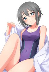Rule 34 | 1girl, bare shoulders, blue eyes, blush, breasts, cleavage, commentary request, competition swimsuit, covered navel, grey hair, hair between eyes, hand up, head tilt, highres, kamiya rika, knee up, looking at viewer, love live!, love live! school idol festival, medium breasts, one-piece swimsuit, open clothes, open shirt, purple one-piece swimsuit, sekina, shirt, sitting, smile, solo, swimsuit, white shirt