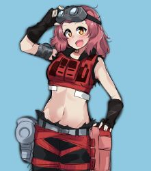 Rule 34 | 1girl, absurdres, adjusting goggles, alternate costume, arm up, armlet, belt, black gloves, blue background, commentary, cropped jacket, fang, fingerless gloves, girls und panzer, gloves, goggles, goggles on head, grey belt, highres, jacket, kshimu, looking at viewer, medium hair, messy hair, midriff peek, navel, open mouth, orange eyes, pouch, red hair, red jacket, red shorts, rosehip (girls und panzer), shorts, skin fang, sleeveless, sleeveless jacket, smile, solo, standing