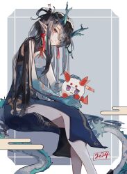 Rule 34 | 1girl, 2024, absurdres, arknights, black hair, china dress, chinese clothes, dragon girl, dragon horn, dress, dusk (arknights), highres, looking at viewer, pointy ears, sitting, solo, tattoo, units lustil, yellow eyes