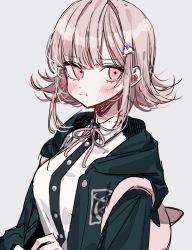 Rule 34 | 1girl, animal bag, black jacket, black shirt, blush, breasts, cat bag, collared shirt, danganronpa (series), danganronpa 2: goodbye despair, dress shirt, flipped hair, hair ornament, hairclip, highres, hood, hood down, jacket, long sleeves, looking at viewer, medium hair, nanami chiaki, neck ribbon, open clothes, open jacket, patzzi, pink eyes, pink ribbon, pout, ribbon, shirt, simple background, solo, upper body, white shirt