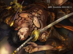 Rule 34 | 1boy, abs, alternate costume, bara, black hair, brown kimono, chest tattoo, collarbone, dated, earrings, facial hair, fundoshi, goatee, hat, highres, japanese clothes, jewelry, kimono, long sideburns, looking at viewer, lying, male focus, muscular, muscular male, nipples, no headwear, on back, on floor, one piece, open clothes, open kimono, parted lips, pectorals, re drawlife, sheath, sheathed, short hair, sideburns, solo, sword, tattoo, trafalgar law, twitter username, weapon, yellow eyes