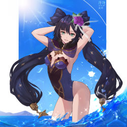 Rule 34 | 1girl, absurdres, arched back, armpits, arms up, bisque, black bow, black hair, blue sky, bow, breasts, capelet, casual one-piece swimsuit, cleavage, cowboy shot, dated, day, floating hair, flower, genshin impact, green eyes, grin, hair between eyes, hair bow, hair flower, hair ornament, hair ribbon, hands in hair, highres, long hair, looking at viewer, medium breasts, mona (genshin impact), ocean, one-piece swimsuit, outdoors, purple capelet, purple flower, purple one-piece swimsuit, purple rose, ribbon, rose, sky, smile, solo, standing, strapless, strapless one-piece swimsuit, sunlight, swimsuit, twintails, very long hair, wading, white ribbon