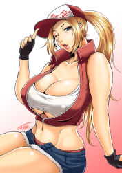Rule 34 | 1girl, bare shoulders, blonde hair, blue eyes, breasts, cleavage, clothes writing, collared jacket, covered erect nipples, cutoffs, denim, denim shorts, fatal fury, fingerless gloves, fingernails, gender request, genderswap, gloves, gradient background, hat, huge breasts, jacket, long fingernails, long hair, micro shorts, midriff, nail polish, navel, no bra, one eye closed, open fly, open mouth, ponytail, red background, red hat, shirt, short shorts, shorts, sitting, snk, snk heroines: tag team frenzy, solo, strapless, taut clothes, taut shirt, terry bogard, the king of fighters, thighs, toguchi masaya, tube top, unbuttoned, wink
