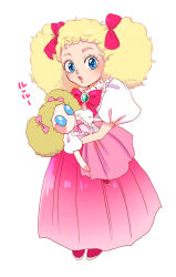 Rule 34 | 1girl, :o, blonde hair, blue eyes, bow, child, commentary request, curly hair, doll, dress, full body, holding, holding doll, long dress, loulou de la laurencie, mugicha (zoro1132), open mouth, pink bow, pink dress, puffy short sleeves, puffy sleeves, short sleeves, solo, twintails, versailles no bara