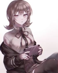 Rule 34 | 1girl, alternate hairstyle, black jacket, black shirt, black thighhighs, breasts, brown eyes, brown hair, brown skirt, collared shirt, commentary request, danganronpa (series), danganronpa 2: goodbye despair, dress shirt, flipped hair, hair between eyes, hair ornament, hairclip, handheld game console, highres, holding, holding handheld game console, hood, hooded jacket, ipeulo, jacket, knees up, large breasts, long sleeves, looking at viewer, medium breasts, medium hair, nanami chiaki, neck ribbon, nintendo switch, parted lips, pink ribbon, pleated skirt, ribbon, shirt, shirt tucked in, simple background, sitting, skirt, solo, spaceship hair ornament, teeth, thighhighs, two-tone shirt, upper body, white background, white shirt