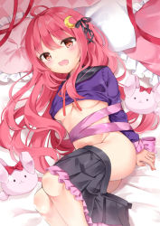 Rule 34 | 1girl, ahoge, argyle, argyle background, argyle clothes, black skirt, blush, bound, bound wrists, breasts, crescent, crescent hair ornament, hair ornament, kantai collection, long hair, long sleeves, medium breasts, open mouth, pink hair, pleated skirt, rabbit hair ornament, red eyes, red ribbon, restrained, ribbon, skirt, skirt around one leg, solo, sugisaki yuu, uzuki (kancolle), very long hair