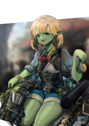 Rule 34 | 1girl, absurdres, alternate skin color, bag, blonde hair, blue eyes, blue shorts, bow, bowtie, bracelet, capelet, colored skin, corset, ear piercing, fangs, female goblin, goblin, green skin, grey capelet, highres, hololive, hololive english, jewelry, long pointy ears, looking at viewer, map, medium hair, monsterification, open mouth, piercing, pointy ears, potion, red bow, shirt, short shorts, shorts, sitting, solo, teeth, thighs, virtual youtuber, vyragami, watson amelia, white shirt, world of darkness