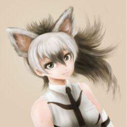Rule 34 | 10s, 1girl, aardwolf (kemono friends), animal ears, bare shoulders, beige background, black hair, black necktie, breast pocket, breasts, closed mouth, collared shirt, commentary request, eyelashes, kemono friends, light smile, long hair, looking at viewer, multicolored hair, necktie, pocket, realistic, sepia, shirt, short necktie, sleeveless, sleeveless shirt, solo, stealstitaniums, two-tone hair, upper body, white hair, white shirt, wing collar