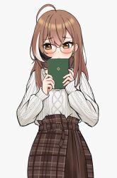 Rule 34 | 1girl, ahoge, bakedmonogamy, belt, berry, blush, book, brown eyes, brown hair, brown skirt, covering face, earrings, food-themed earrings, glasses, highres, holding, holding book, hololive, hololive english, jewelry, long hair, long skirt, looking away, multicolored hair, nanashi mumei, nanashi mumei (casual), official alternate costume, plaid, plaid skirt, pleated skirt, red shirt, round eyewear, runes, shirt, shy, skirt, sleeves past wrists, streaked hair, sweater, virtual youtuber, white sweater