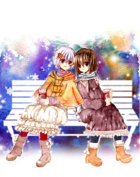 Rule 34 | 2girls, bad id, bad pixiv id, bench, brown hair, cloak, cup, jewelry, multiple girls, natsumememe, necklace, no.6, patterned legwear, red legwear, safu, scarf, shion (no.6), short hair, sitting, smile, snow, snowflakes, snowing, striped legwear, vertical-striped legwear