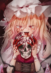 Rule 34 | 1girl, :d, absurdres, bandaged arm, bandages, bandaid, bandaid on face, blonde hair, blood, blood from mouth, blood on clothes, blood on face, bloody bandages, breasts, broken skull, calpis118, commentary request, corset, dark background, flandre scarlet, hair between eyes, hands up, hat, highres, holding, holding skull, long hair, looking at viewer, mob cap, nail polish, one side up, open mouth, red background, red eyes, red nails, red vest, short sleeves, simple background, skull, small breasts, smile, solo, tongue, touhou, upper body, vest, white hat
