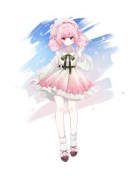 Rule 34 | 1girl, absurdres, animal ears, anqing, bcy, beret, brown footwear, cat ears, closed mouth, dress, falling petals, full body, green ribbon, hand up, hat, highres, low twintails, neck ribbon, petals, pink eyes, pink hair, ribbon, ruan miemie, smile, socks, solo, twintails, white background, white dress, white hat, white socks
