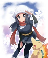 Rule 34 | 1girl, akari (pokemon), black hair, black pantyhose, black undershirt, blush, closed mouth, commentary request, creatures (company), eyelashes, fire, floating hair, game freak, grey eyes, hand up, head scarf, highres, leaning forward, long hair, looking to the side, nintendo, pantyhose, pokemon, pokemon (creature), pokemon legends: arceus, red scarf, saon101, sash, scarf, sidelocks, smile, socks, undershirt, white headwear, white pantyhose