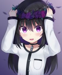 Rule 34 | 1girl, bandages, black choker, black flower, black nails, blurry, blush, choker, commentary request, fang, flower, hands on headwear, head wreath, highres, long hair, long sleeves, looking at viewer, nail polish, open mouth, original, partial commentary, petals, purple eyes, purple flower, shirt, shuuichi (gothics), skin fang, smile, solo, upper body, white shirt