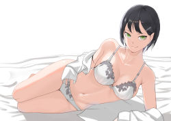 Rule 34 | 1girl, absurdres, bad id, bad pixiv id, bed sheet, black hair, bra, breasts, cleavage, closed mouth, collarbone, dress shirt, green eyes, hair ornament, hairclip, highres, looking at viewer, lying, medium breasts, navel, neoguri, on side, open clothes, open shirt, original, panties, shirt, short hair, simple background, sleeves past wrists, smile, solo, underwear, underwear only, white background, white bra, white panties