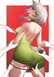 Rule 34 | 1girl, animal ears, arknights, ass, backless dress, backless outfit, bare back, bare shoulders, black choker, breasts, cat ears, cat tail, chinese commentary, choker, commentary request, cowboy shot, dress, green dress, green eyes, highres, kal&#039;tsit (arknights), large breasts, material growth, oripathy lesion (arknights), pencil dress, short hair, solo focus, standing, tabayashi, tail, thighs, white hair