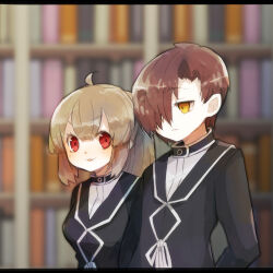 Rule 34 | 1boy, 1girl, ahoge, black jacket, blurry, blurry background, bookshelf, breasts, brown hair, closed mouth, commentary request, hair between eyes, hair over one eye, harvest fes, jacket, librarian (project moon), library of ruina, light brown hair, long sleeves, medium breasts, open mouth, pale skin, project moon, red eyes, shirt, short hair, smile, white shirt, yellow eyes