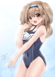 Rule 34 | 1girl, blue background, blue one-piece swimsuit, blush, breasts, brown eyes, brown hair, clothes writing, dated, gradient background, hairband, i-26 (kancolle), kantai collection, kitagawa mikio, large breasts, light brown hair, long hair, looking at viewer, name tag, new school swimsuit, one-piece swimsuit, open mouth, school swimsuit, signature, smile, solo, swimsuit, two-tone hairband, two side up