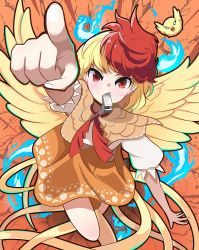 Rule 34 | 1girl, bird, bird tail, bird wings, blonde hair, capelet, chick, chicken, commentary request, dress, feathered wings, highres, maou nerunerune, multicolored hair, neckerchief, niwatari kutaka, orange capelet, orange dress, pointing, puffy short sleeves, puffy sleeves, red eyes, red hair, red neckerchief, shirt, short sleeves, tail, touhou, sunken fossil world, two-tone hair, whistle, whistling, white shirt, wings, yellow wings