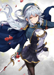 Rule 34 | 1girl, aiguillette, belt, beret, black pantyhose, blood, bloody weapon, brown eyes, cloak, closed mouth, dress, floating hair, gloves, grey hair, hair between eyes, hand up, hat, highres, holding, holding sword, holding weapon, long hair, long sleeves, looking at viewer, military, military uniform, mishima kurone, original, pantyhose, petals, pleated dress, pleated skirt, rapier, short dress, sidelocks, skirt, solo, standing, sword, textless version, tsurime, uniform, unsheathed, weapon, white gloves, wind, wind lift