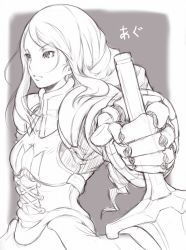 Rule 34 | 1girl, agrias oaks, armor, braid, braided ponytail, breastplate, corset, final fantasy, final fantasy tactics, foreshortening, gauntlets, greyscale, ina (gokihoihoi), knight, long hair, monochrome, planted, planted sword, planted weapon, reverse grip, single braid, sketch, solo, sword, weapon