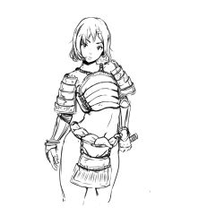 Rule 34 | 1girl, armor, bad id, bad pixiv id, bare shoulders, breastplate, diathorn, greyscale, groin, hand on hilt, lips, looking at viewer, monochrome, navel, no panties, short hair, shoulder armor, sketch, solo, pauldrons, vambraces, white background