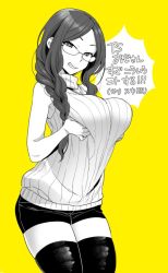 Rule 34 | 1girl, alternate costume, braid, breast hold, breast lift, breasts, fate/grand order, fate (series), glasses, grin, large breasts, leonardo da vinci (fate), lifted by self, long hair, looking at viewer, monochrome, parted bangs, shorts, simple background, sleeveless, sleeveless sweater, smile, solo, sweater, thighhighs, turtleneck, turtleneck sweater, yellow background, yoshiragi