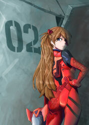 Rule 34 | 10s, 1girl, artist request, ass, blue eyes, breasts, brown hair, cowboy shot, evangelion: 3.0 you can (not) redo, eyepatch, from behind, from below, hair between eyes, hand on own hip, helmet, highres, holding, holding helmet, kneepits, large breasts, legs apart, long hair, looking at viewer, looking back, medium breasts, neon genesis evangelion, parted bangs, plugsuit, rebuild of evangelion, shiny clothes, simple background, skin tight, solo, souryuu asuka langley, standing, thigh gap, thighs, very long hair, wide hips