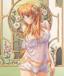 Rule 34 | 1girl, ahoge, areola slip, art nouveau, blonde hair, blue eyes, blush, bow, bow panties, breasts, camisole, felicia alto rectandoll, flower, frilled panties, frills, hair flower, hair ornament, highres, kinutani akira, la vie de chateau, large breasts, lingerie, long hair, navel, orange hair, panties, rose, see-through, solo, standing, strap slip, thigh gap, thorns, underwear, underwear only, white panties