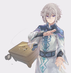 Rule 34 | 1boy, blue eyes, board game, chinese clothes, csyday, fate/grand order, fate (series), feet out of frame, go (board game), grey background, grey hair, hand up, light smile, long sleeves, looking at viewer, male focus, prince of lan ling (fate), prince of lan ling (moonlit night encounter) (fate), short hair, simple background, smile, solo