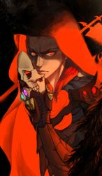 Rule 34 | 1boy, cloak, dragon nest, gauntlets, highres, holding, holding mask, jewelry, male focus, manjyufroth, mask, unworn mask, red cloak, red eyes, red theme, ring, skull mask, solo, upper body