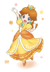 Rule 34 | 1girl, :d, arm up, blue eyes, blush, brooch, brown hair, clenched hands, crown, dated, dress, earrings, eyelashes, flipped hair, flower (symbol), flower earrings, full body, gloves, hand up, heart, jewelry, long dress, looking at viewer, mario (series), medium hair, nintendo, no nose, no socks, open mouth, orange dress, orange footwear, princess, princess daisy, puffy short sleeves, puffy sleeves, short sleeves, smile, solo, standing, standing on one leg, star (symbol), super mario land, super smash bros., teru suzu, white background, white gloves, yellow dress