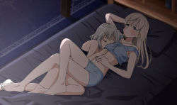 Rule 34 | 2girls, bed, blue eyes, blush, breasts, closed mouth, codeyamada, collarbone, cuddling, eila ilmatar juutilainen, closed eyes, highres, indoors, long hair, multiple girls, navel, on bed, sanya v. litvyak, short hair, small breasts, strike witches, white hair, world witches series, yuri