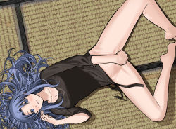 Rule 34 | 1girl, barefoot, black shirt, blouse, blue eyes, blue hair, blush, bottomless, breasts, covering privates, covering crotch, fate/stay night, fate (series), highres, long hair, looking at viewer, lying, medea (fate), medium breasts, on back, rasupekuto, shirt, smile, solo, spread legs, tatami