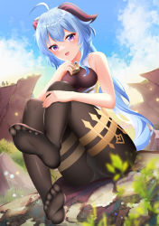Rule 34 | 1girl, absurdres, ahoge, bare arms, bell, black leotard, black pantyhose, blue hair, blurry, blush, bodystocking, bodysuit, breasts, cg xiao baishu, crotch, crotch seam, depth of field, feet, ganyu (genshin impact), genshin impact, gradient sky, highres, horns, knees up, leotard, leotard under clothes, long hair, looking at viewer, low ponytail, medium breasts, neck bell, no gloves, no shoes, open mouth, outdoors, pantyhose, purple eyes, sidelocks, sitting, sky, sleeveless, smile, soles, solo, thighs