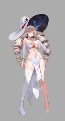 Rule 34 | 1girl, absurdres, bare shoulders, blonde hair, breasts, bridal gauntlets, brooch, center opening, cleavage, clenched teeth, detached collar, dress, drill hair, full body, hand up, hat, highres, jewelry, large breasts, long hair, looking at viewer, navel, nevin (flyskying), original, pelvic curtain, red eyes, revealing clothes, shoes, sideless outfit, simple background, single thighhigh, skindentation, solo, standing, stomach, strapless, strapless dress, teeth, thighhighs, thighs, twin drills, twintails, very long hair, white dress, white footwear, white hat, white thighhighs, witch hat