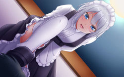 Rule 34 | 1boy, 1girl, arms behind back, black footwear, blue eyes, blush, clothed female nude male, feet out of frame, femdom, from behind, looking at viewer, maid, maid headdress, nude, open mouth, original, shoes, short hair, simple background, smile, standing, standing on one leg, standing on person, stepped on, thighhighs, white hair, white thighhighs, yamamuro momiji