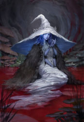Rule 34 | 1girl, absurdres, blood, blue eyes, blue skin, cape, cloak, colored skin, dress, elden ring, extra arms, fur cape, fur cloak, hat, highres, large hat, one eye closed, partially submerged, ranni the witch, robe, sitting, white dress, witch, witch hat, yawei cao