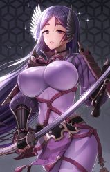 Rule 34 | 1girl, arm guards, armor, black gloves, bodysuit, breasts, cowboy shot, fate/grand order, fate (series), fingerless gloves, gloves, highres, holding, holding sword, holding weapon, impossible bodysuit, impossible clothes, japanese armor, katana, kote, large breasts, long hair, looking at viewer, minamoto no raikou (fate), parted bangs, parted lips, purple bodysuit, purple eyes, purple hair, ribbed sleeves, rope, smile, solo, suneate, sword, very long hair, weapon, youshuu