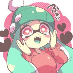 Rule 34 | 1girl, aqua hair, beanie, commentary request, fangs, hands on own face, hat, heart, heart-shaped pupils, inkling, inkling girl, inkling player character, lowres, nana (raiupika), nintendo, pink eyes, solo, splatoon (series), splatoon 1, symbol-shaped pupils, tentacle hair