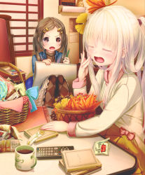 Rule 34 | 2girls, :o, aiuabo, albino, argyle, argyle clothes, argyle legwear, autumn leaves, basket, black hair, black legwear, blue jacket, book, bookmark, bow, breasts, calendar (object), candy, candy wrapper, child, closed eyes, colored pencil, commentary request, controller, covering own mouth, cup, drawing, food, forehead, frilled skirt, frills, hair ornament, hair tie, hairclip, highres, holding, holding pencil, indoors, jacket, knees up, kotatsu, leaf, leaf on head, long hair, long sleeves, looking at another, medium breasts, mirror, mug, multiple girls, no bangs, original, pantyhose, pencil, pinecone, pink bow, placemat, ponytail, radio, remote control, shelf, shirt, sidelocks, sitting, sketchbook, skirt, table, twintails, v-shaped eyebrows, watery eyes, white hair, white shirt, white skirt, window, yawning