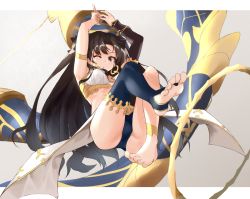 Rule 34 | 1girl, anklet, arms up, asymmetrical clothes, barefoot, black hair, crown, earrings, fate/grand order, fate (series), feet, floating, hair ribbon, heavenly boat maanna, highres, hoop earrings, ishtar (fate), jewelry, levitation, long hair, long legs, looking at viewer, one eye closed, red eyes, revision, ribbon, shunichi, single thighhigh, soles, solo, thighhighs, toeless legwear, toes, weapon