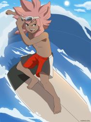 Rule 34 | 1boy, barefoot, dark-skinned male, dark skin, full body, goggles, goggles on head, highres, inazuma eleven, inazuma eleven (series), long hair, male focus, male swimwear, multicolored clothes, multicolored male swimwear, multicolored swim trunks, multicolored swimsuit, open mouth, outdoors, petagon, pink hair, red male swimwear, red swim trunks, surfboard, surfing, swim trunks, swimsuit, topless male, tsunami jousuke, white male swimwear, white swim trunks