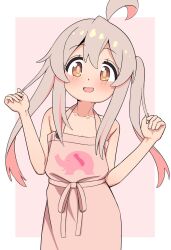Rule 34 | 1girl, :d, ahoge, apron, bare arms, bare shoulders, brown eyes, collarbone, commentary, godyuurei, gradient background, grey hair, hands up, highres, long hair, looking at viewer, multicolored hair, naked apron, onii-chan wa oshimai!, open mouth, oyama mahiro, pink apron, pink background, pink hair, simple background, smile, solo, twintails, two-tone hair