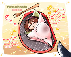 Rule 34 | 1girl, beamed sixteenth notes, blush, border, brown hair, closed eyes, commentary request, eighth note, english text, eyes visible through hair, food, fork, full body, gradient background, hairband, in food, kashuu (b-q), katana, musical note, orange background, plate, pun, purple hairband, quarter note, short hair, sleeping, smile, solo, staff (music), sword, tagme, touhou, tsukumo yatsuhashi, weapon, white border, yellow background